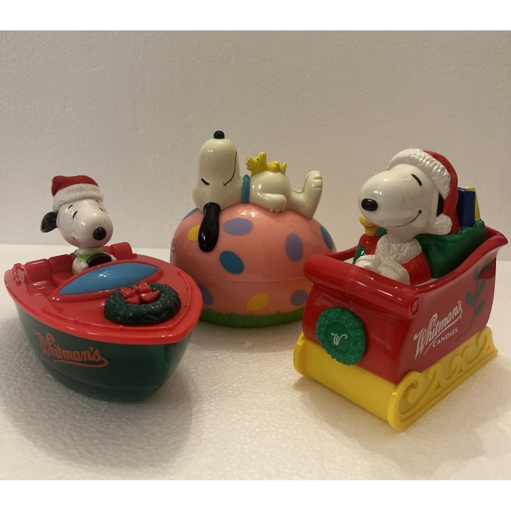 Peanuts VTG Whitman's Snoopy Woodstock‎ Christmas Sleigh, Easter Egg Bank & Boat